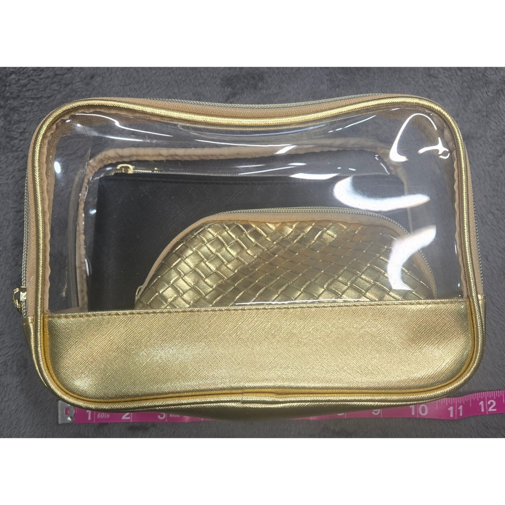 Gold Clear 3 Piece Cosmetic Bag Set Travel Makeup Toiletry Pouch Organizer Zip